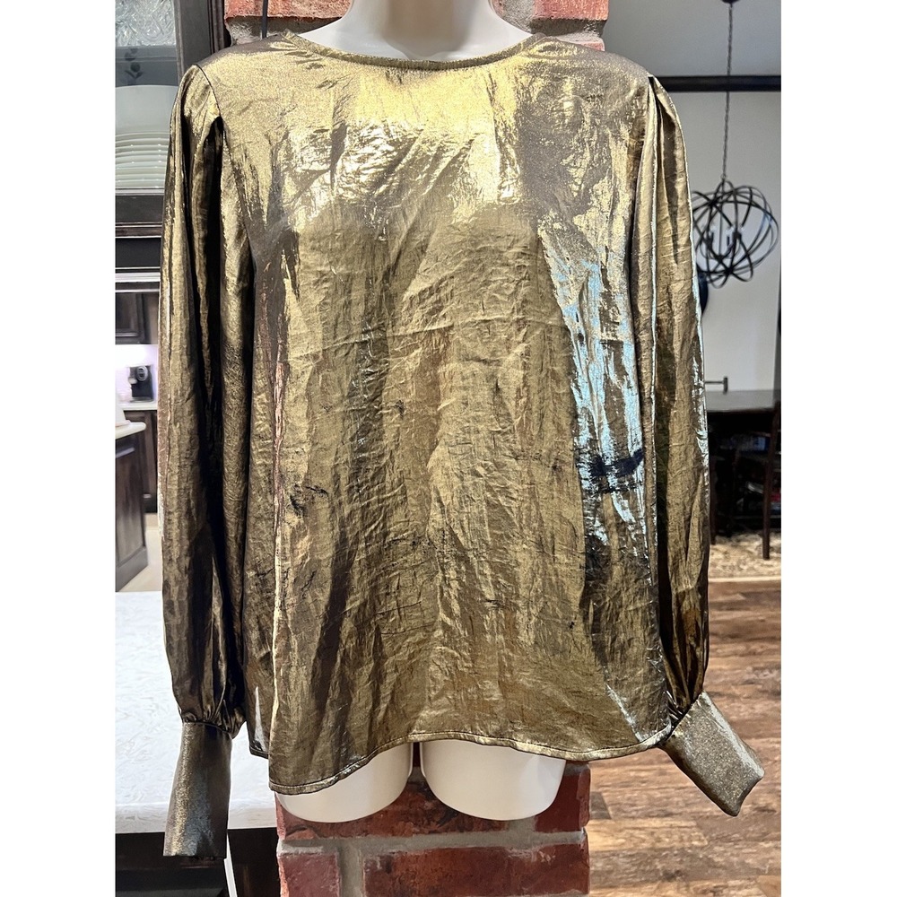 Express Gold Metallic Crinkle 80's Style Puff Sleeve Blouse Women's M Holiday